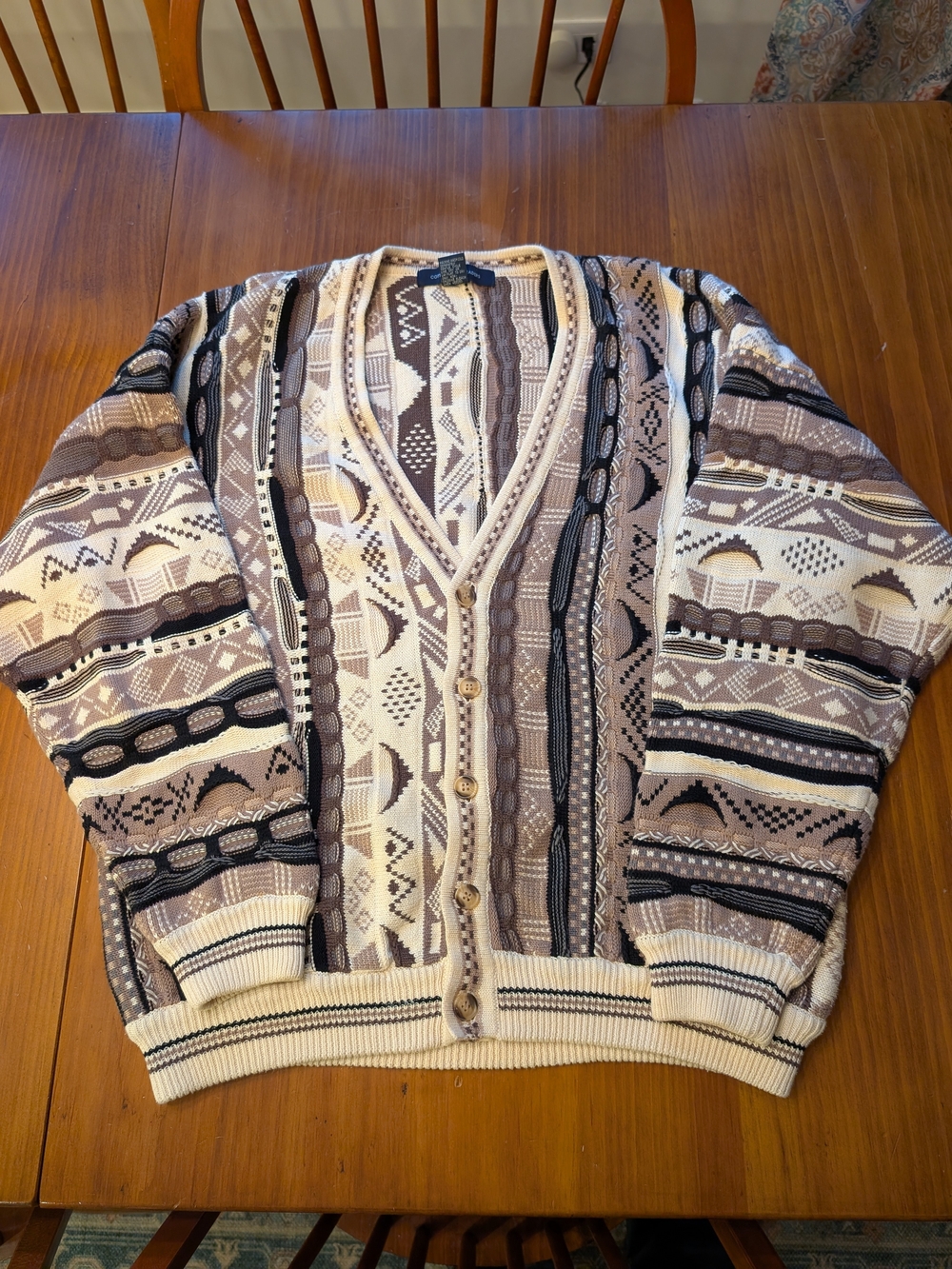Vintage Cotton Traders Cream and Brown V-Neck Button Cardigan Sweater